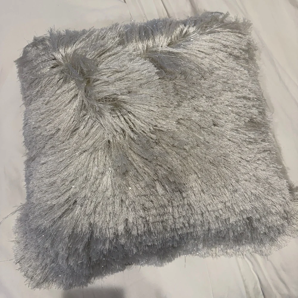 White Shimmer Silver Tinsel Shag 14”x16” Decor Pillow